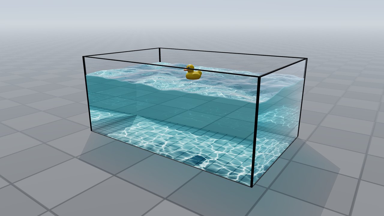 A glass tank of water with caustics on the floor